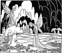 Le dessin montre une fée qui courbe la tête face à sa reine. La reine, à la gauche, s'appuie sur un champignon, alors que l'autre fée est située au milieu.