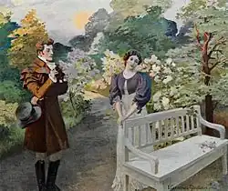 Un homme en habit de voyage et une jeune fille mélancolique debout dans un parc luxuriant