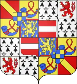 Orange-Nassau-Breda (1530-1544) : écartelé 1 et 4 contre écartelé de Chalon et d'Orange, sur le tout de Genève, 2 et 3 de Bretagne et de Luxembourg, sur le tout de l'écartelé contre écartelé de Nassau et de Vianden.
