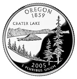 Pièce figurant la caldeira avec les mentions « Oregon 1859 Crater Lake 2005 e pluribus unum ».