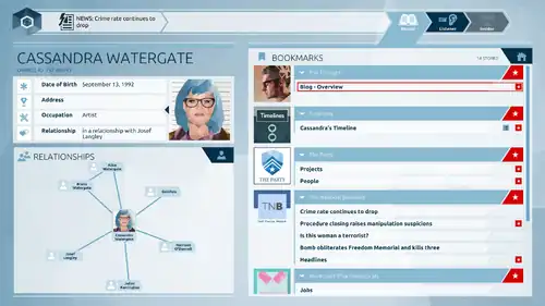 Écran d'ordinateur présentant de nombreuses informations sur un personnage aux cheveux bleus.