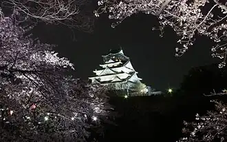 Photographie de la tour principale de nuit.