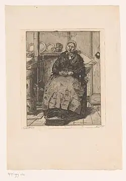 Vieille femme assise confortablement près de la cuisinière dans la cuisine (n. d., Rijksmuseum Amsterdam).