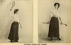 Deux photographies d'une femme en robe et blouse blanche jouant au tennis et au golf.