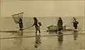 Femmes de la région de Plouharnel pratiquant la pêche (aux crevettes ?) vers 1885.