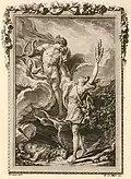 Gravure pour les Métamorphoses d'Ovide, Cyparisse voulant se donner la mort est métamorphisé en cyprès par Apollon par Noël Le Mire et Charles Monnet (XVIIIe&nbsp;siècle).