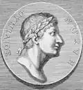 Portrait en médaillon d'un homme profil droit couronné de lauriers.