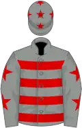 Grey, red hoops, stars on sleeves and cap