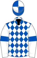 Royal blue and white diamonds, white sleeves, royal blue armlet, royal blue and white quartered cap