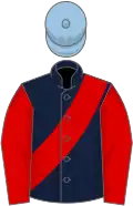Blue, red slash and sleeves, light blue cap