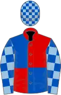 Red and royal blue (quartered), light blue and royal blue check sleeves, royal blue and light blue check cap