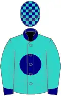 Turquoise, navy blue disc, collar and cuffs, check cap