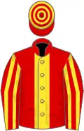 Red, yellow stripe, striped sleeves, hooped cap