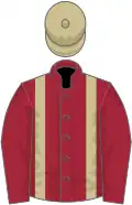 Maroon, beige braces, beige cap