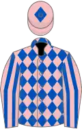 Pink, royal blue diamonds, striped sleeves and diamond on cap