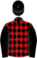 Red and black diamonds, black sleeves and cap