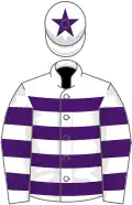 White, purple hoops, white cap, purple star