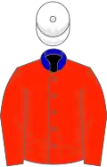 Scarlet, blue collar, white cap