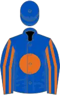 Royal blue, orange disc, striped sleeves, royal blue cap