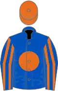 Royal blue, orange disc, striped sleeves, orange cap