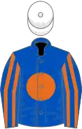 Royal blue, orange disc, striped sleeves, white cap
