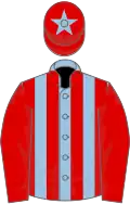 Light Blue and Red stripes, Red sleeves, Red cap, Light Blue star