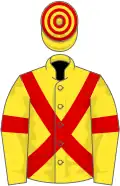 Yellow, red cross-belts and armlets, hooped cap