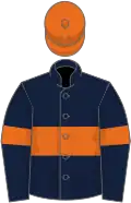 Dark blue, orange hoop and armlets, orange cap