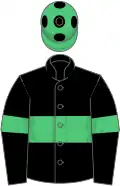 Black, green hoop and armlets, green cap, black spots