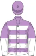 Cerclée mauve et blanche, manches mi-mauves mi-blanches, toque mauve