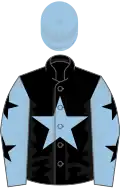 Noire une étoile bleu clair, manches bleues clair étoilées de noir, toque bleue clair