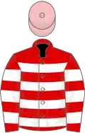 Red, white hoops, pink cap