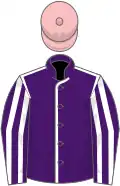Violet coutures blanches, manches rayées du même, toque rose.