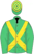 Emerald green, yellow cross belts, hooped cap