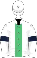 Blanche bande verte, manches blanches brassards gros bleu, toque blanche