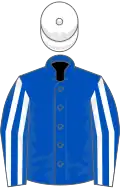 Royal blue, white striped sleeves, white cap