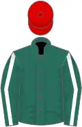 Forest green, white seams on sleeves, red cap
