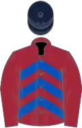 Maroon and royal blue chevrons, maroon sleeves, dark blue cap