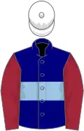 Navy blue, light blue hoop, maroon sleeves, white cap