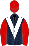 Dark blue, white chevron, red sleeves and cap