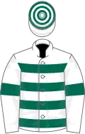 White and dark green hoops, white sleeves, dark green armlets, hooped cap