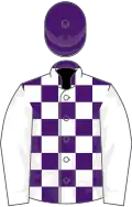 Blue and white checked, white sleeves, blue cap