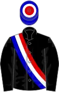 Black, red, white and blue sash and hooped cap