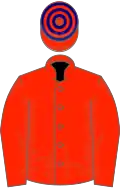 Scarlet, scarlet cap with navy blue hoops