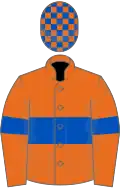 Orange, royal blue hoop and armlet, check cap