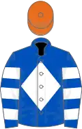Royal blue, white diamond and hooped sleeves, orange cap