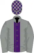 grey,purple panel, check cap