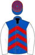 Bleue, chevrons rouges, manches blanches, toque cerclée bleue et rouge