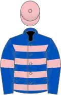 Blue, pink hoops, blue and pink halved cap