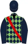 Light Green and Royal Blue diamonds, Royal Blue sleeves and cap